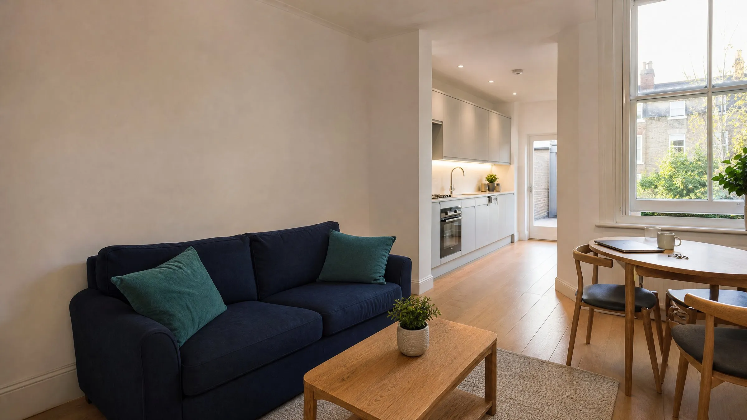 A calm furnished living room with a navy sofa, a small dining table by the window and a kitchen behind