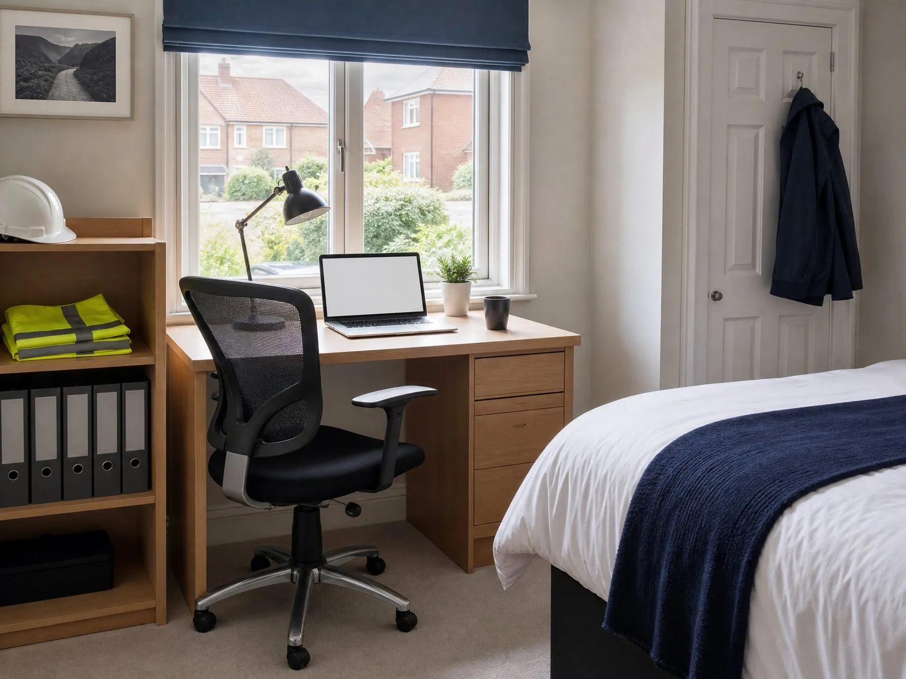 A tidy work desk under a bedroom window, with a hard hat and hi-vis vests on the shelf beside it